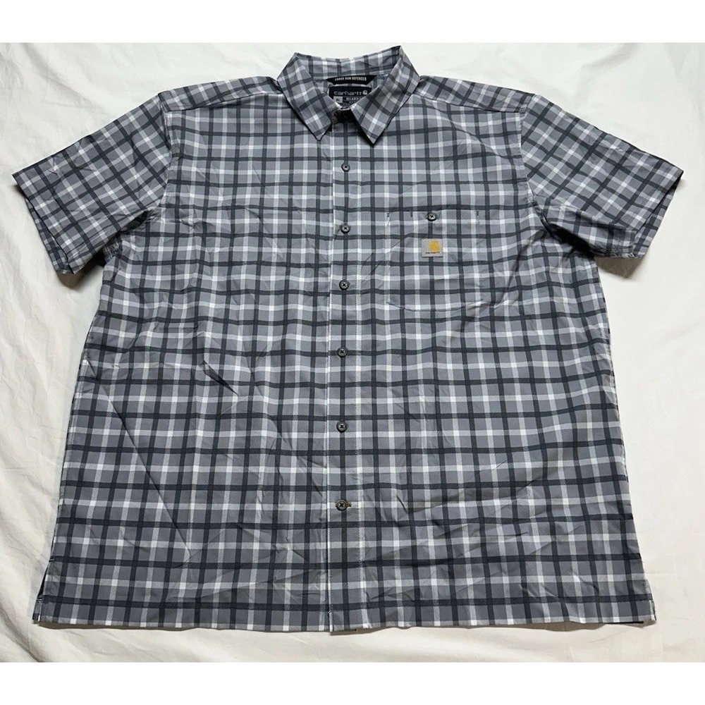 Carhartt Relaxed Fit Sun Defender Men's Grey Button Plaid Short Sleeve Shirt XL